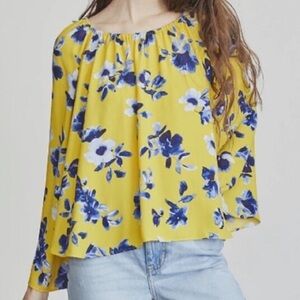 Elizabeth and James Yellow & Blue Floral Print Flowy Bell Sleeve Blouse